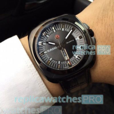 Quartz Movement Clone Rado Black Dial Black Leather Strap Watch